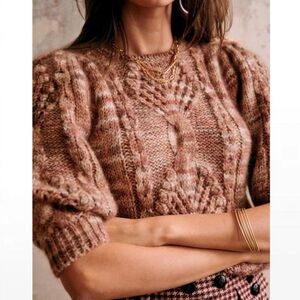 SEZANE Giulia Mohair Pink Marled Puff Short Sleeve Cable Knit Pullover Sweater